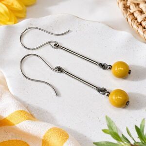 Vintage 1970s Yellow Lucite Bead Dangle Earrings Long Silver Tone Mod Minimalist